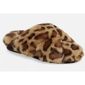 BP. Sophie Criss Cross Slippers 11 12 NWOT Plush Faux Fur Leopard Slides Slip On